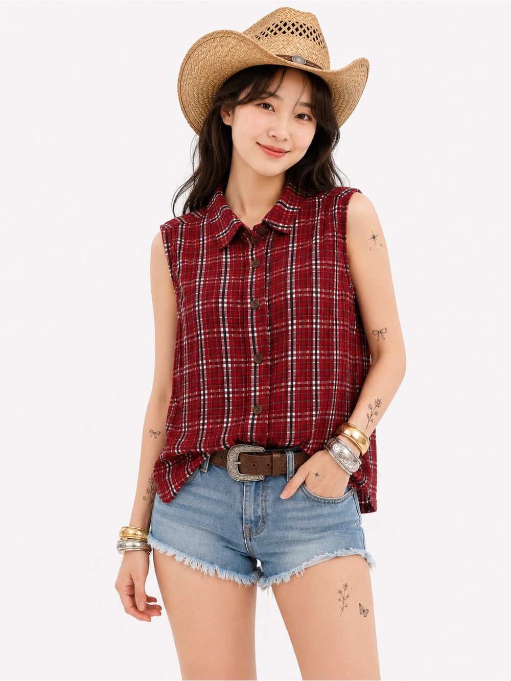 Roughrider Vintage Red Plaid Sleeveless Button Up Shirt Western Cottagecore S - Picture 2 of 7